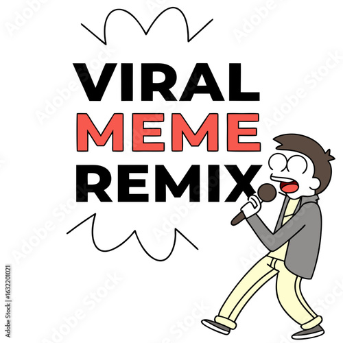 Cartoon man singing into microphone with viral meme remix text