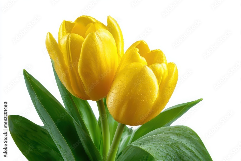 Obraz premium Two vibrant yellow tulips with green leaves isolated on white background
