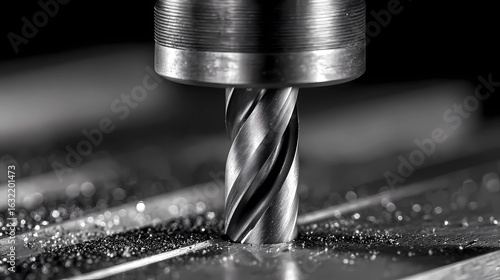 Drill bit penetrates smooth metal with controlled pressure, reflecting sharpness, motion, and workshop precision.
