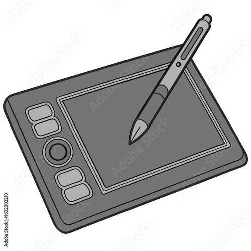 Gray graphic tablet with stylus and buttons digital art