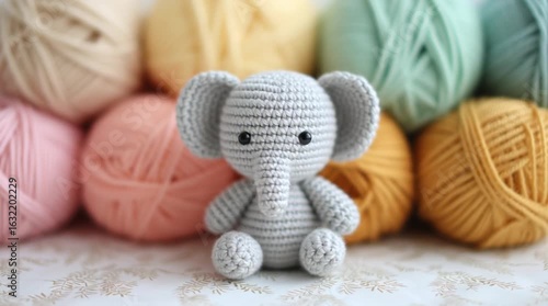 Crocheted elephant amigurumi toy with black eyes sitting front of colorful yarn balls