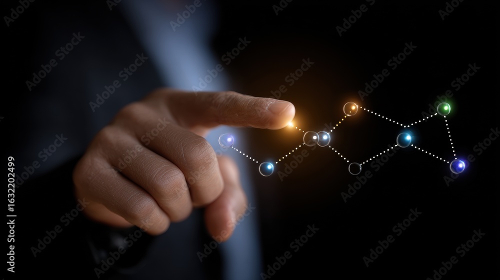 Fototapeta premium Close up of a hand touching a glowing network of interconnected nodes against a dark background