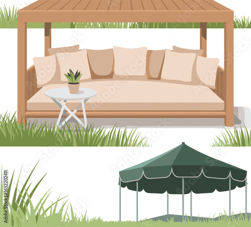 Cozy outdoor lounge setup, wooden seating area, canopy tent illustration, patio furniture design, vector garden clipart, backyard living scene mockup