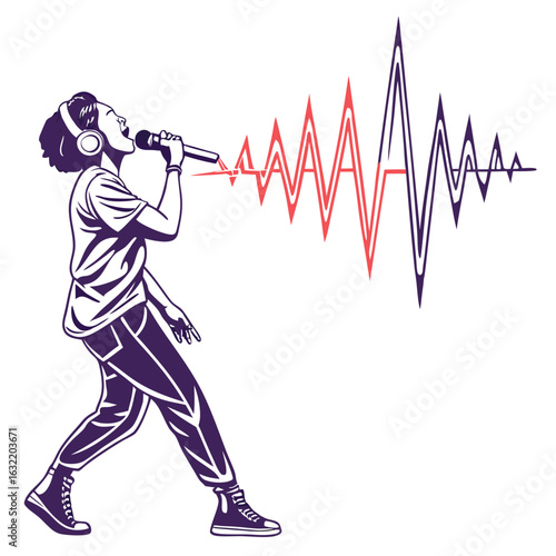Person singing into microphone with sound wave graphic