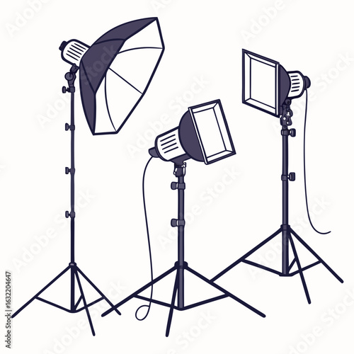 Three studio lighting equipment items on white photography equipment
