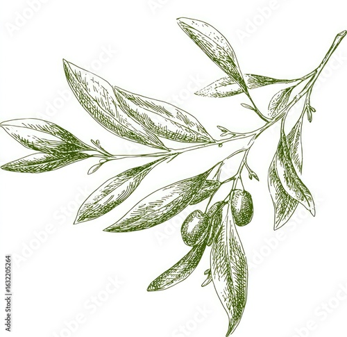 Hand-drawn olive branch with leaves and olives
