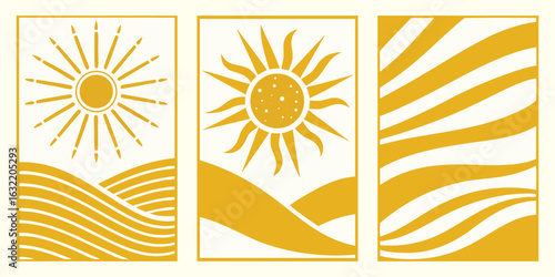 Abstract Sun Poster Set Vector. Yellow Boho Wall Art Print. A Modern Minimalist Landscape Illustration of Retro Sun and Waves for Home Decor. A Vertical Triptych for a Gallery Wall.