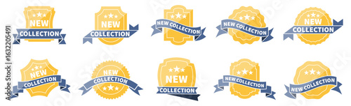 Set of yellow and blue promotional labels with New Collection text on ribbons. Suitable for advertising, sales, and product launch designs