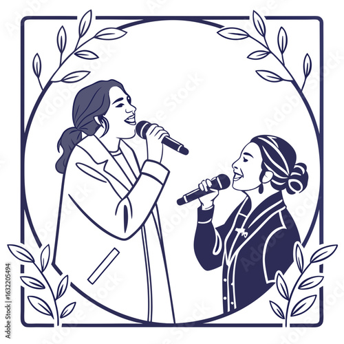 Two women singing together in a decorative frame duet
