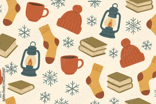Autumn patterns with cozy elements like mugs, hats, books, and socks adorning a light background