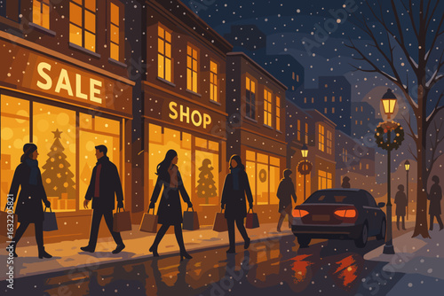 Festive shoppers enjoy winter evening stroll along lively street adorned with holiday decorations
