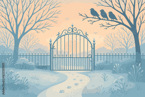 Soft pastel landscape with an inviting gate at sunrise and birds perched on branches