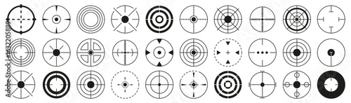 Aim target and sight icon set, accuracy and aiming symbols for shooting, gaming, archery and military scopes, minimal circular focus designs