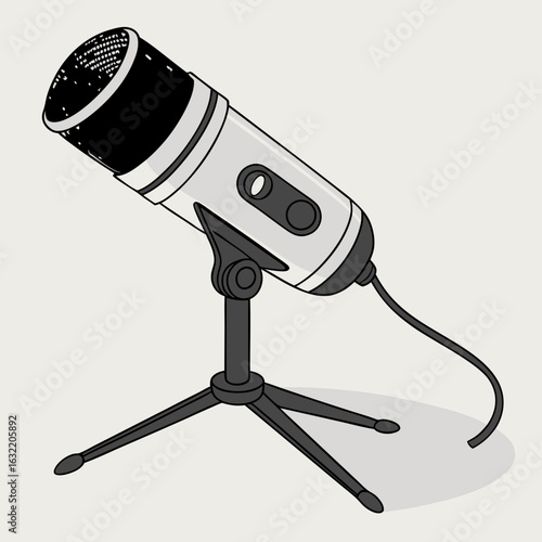 White condenser microphone on black tripod stand podcasting microphone