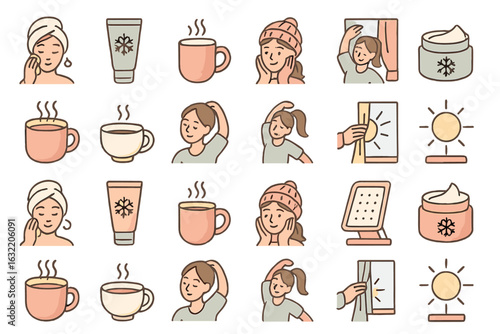 Warm and relaxing moments of self-care with drinks and skincare products in cozy indoor settings