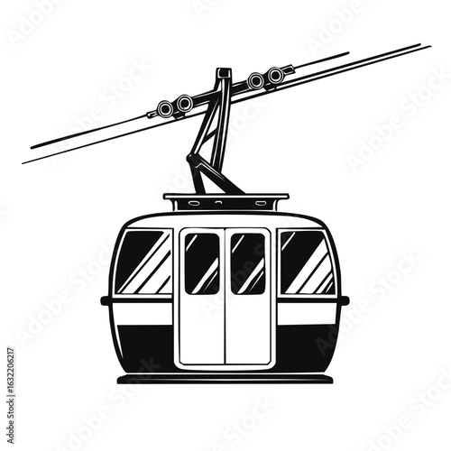 Vintage monochrome illustration of an aerial cable car transporting people, mountain transportation.