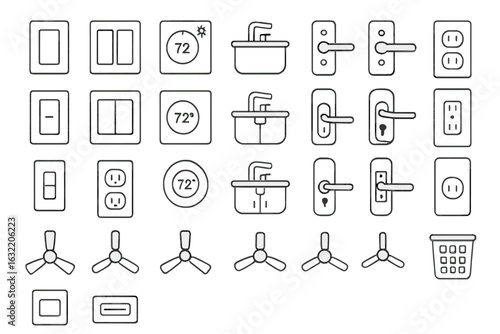 Collection of simple line drawings of home electrical switches, outlets, and various fixtures
