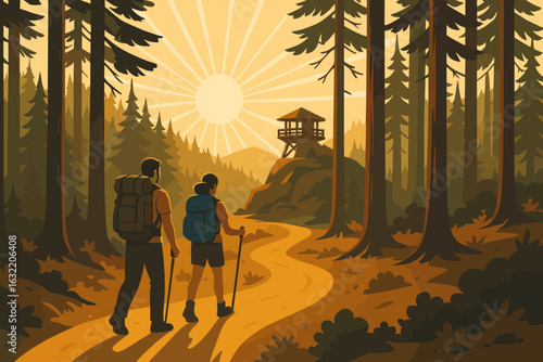 Hikers on a trail in a sunlit forest during a peaceful afternoon adventure