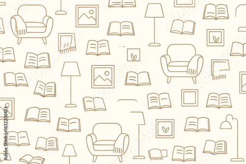 Cozy home decor pattern featuring chairs, lamps, and books ideal for interior design inspiration