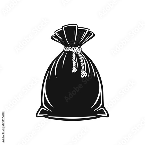 Vintage style sack silhouette tightly tied with rope, black on white for versatile design projects.