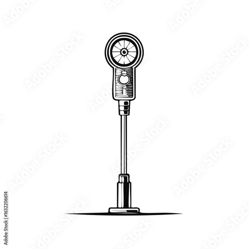 Vintage parking meter illustration in a classic black and white retro line art style
