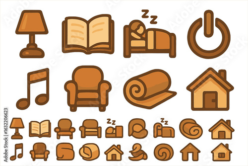 Cozy home symbols depicting relaxation and comfort in a warm color palette with various household items