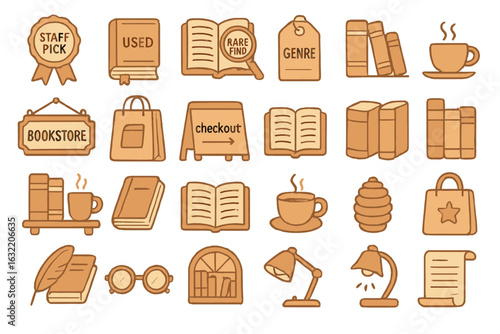 Illustrative collection of items representing a cozy bookstore environment with books and coffee