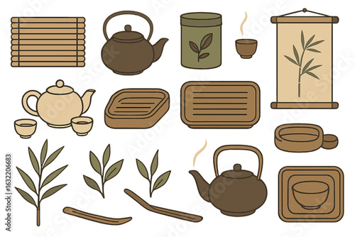 Tea set and accessories displayed for a serene tea ceremony with bamboo and nature elements in a minimalistic design