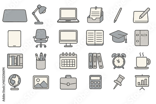Various desktop items including a laptop, books, and stationery in a workspace setting during the daytime