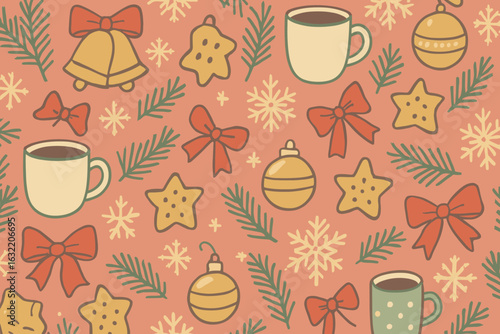 Festive holiday pattern with coffee cups, cookies, and seasonal decorations on a warm pink backdrop