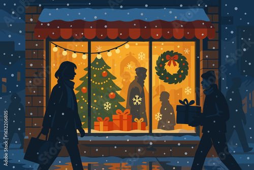 Holiday window display showcases festive decorations and shoppers on a snowy evening