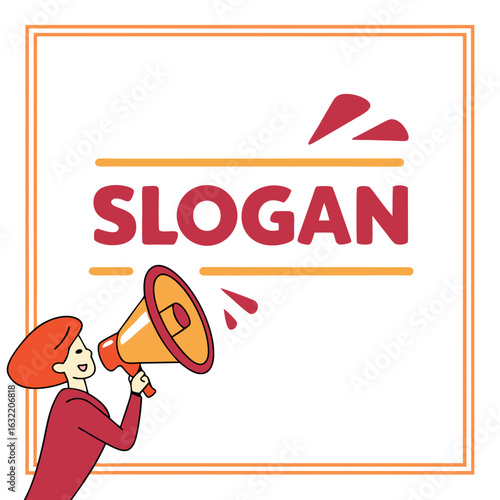 Woman with megaphone announcing slogan on white background