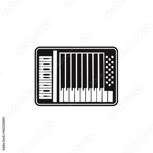 Accordion silhouette in black and white. Classical musical instrument illustration.