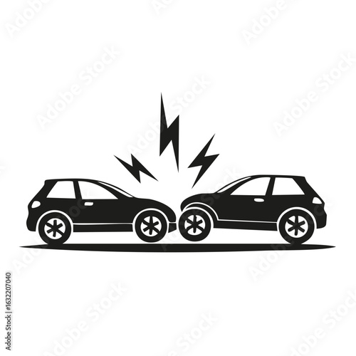 Two black cars colliding with lightning bolts symbolizing impact and collision
