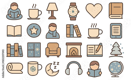 Cozy winter evening featuring books, warm drinks, and relaxation at home with a fireplace and decorative elements