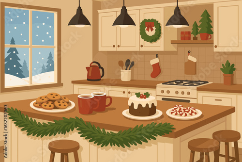 Cozy winter kitchen decorated for the holidays with festive cookies and treats ready for family gatherings