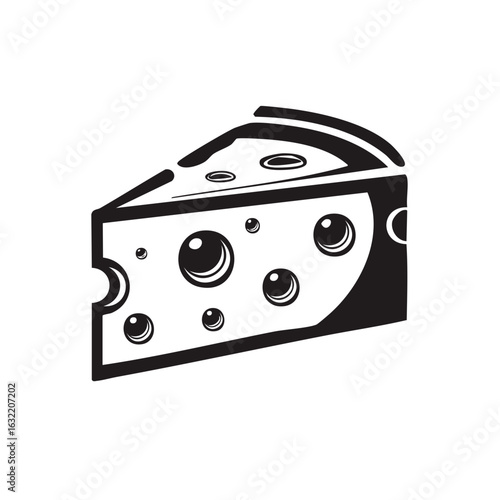 Monochrome Image of a Wedge of Swiss Cheese with Holes, Cartoon Style, Culinary Icon Design