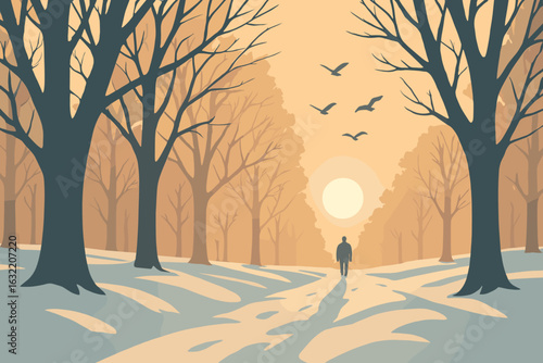 Woman walks alone through a wintry forest at sunset with birds flying in a golden sky