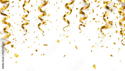 Gold streamers and confetti on white background