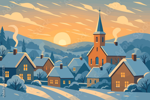 Charming winter village at sunset with snow-covered rooftops and a prominent church tower