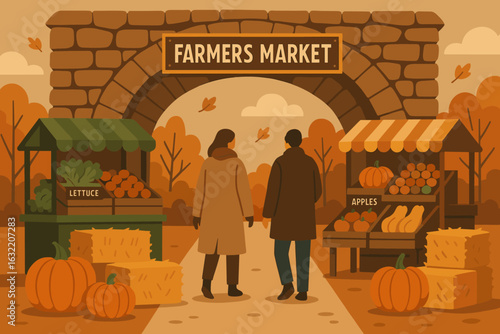 Couple strolls through farmers market in autumn surrounded by fresh produce and seasonal decorations