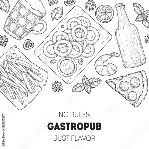 Gastropub menu. Pub food and beer. Hand drawn vector illustration. Food and drink sketch. Top view. Hand drawn food collection for gastropub or pub menu design. Beer, burger, french fries, snacks.