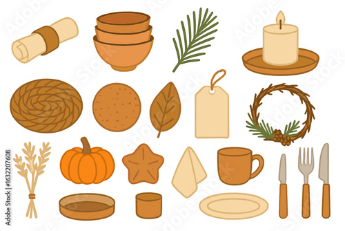 Collection of rustic kitchenware and autumn-themed decorations for seasonal gatherings or events