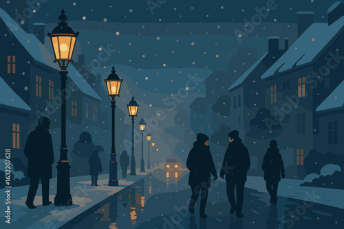 Snowy night walk in a quiet city street with glowing lamps and reflective pavements