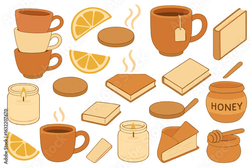 Cozy warm drink setup with tea, honey, cookies, and candles for a relaxing afternoon at home