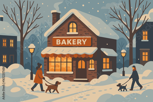 Winter evening walk with dogs near a cozy bakery in a snowy neighborhood