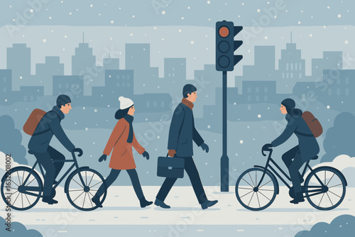 Bicyclists and pedestrians navigating a snowy city street during winter
