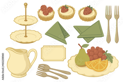 Delicious assortment of desserts and serving items arranged for a festive afternoon tea gathering