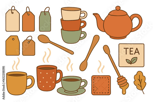 Tea and coffee time with colorful teapots and cups in a cozy setting