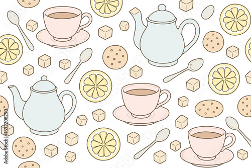 Decorative tea set composition with cups, teapot, cookies, and lemon slices on a light background during afternoon tea